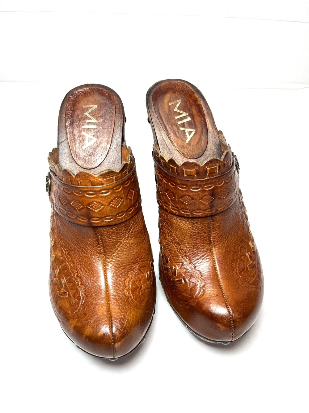 MIA Cognac Embossed Leather Clogs